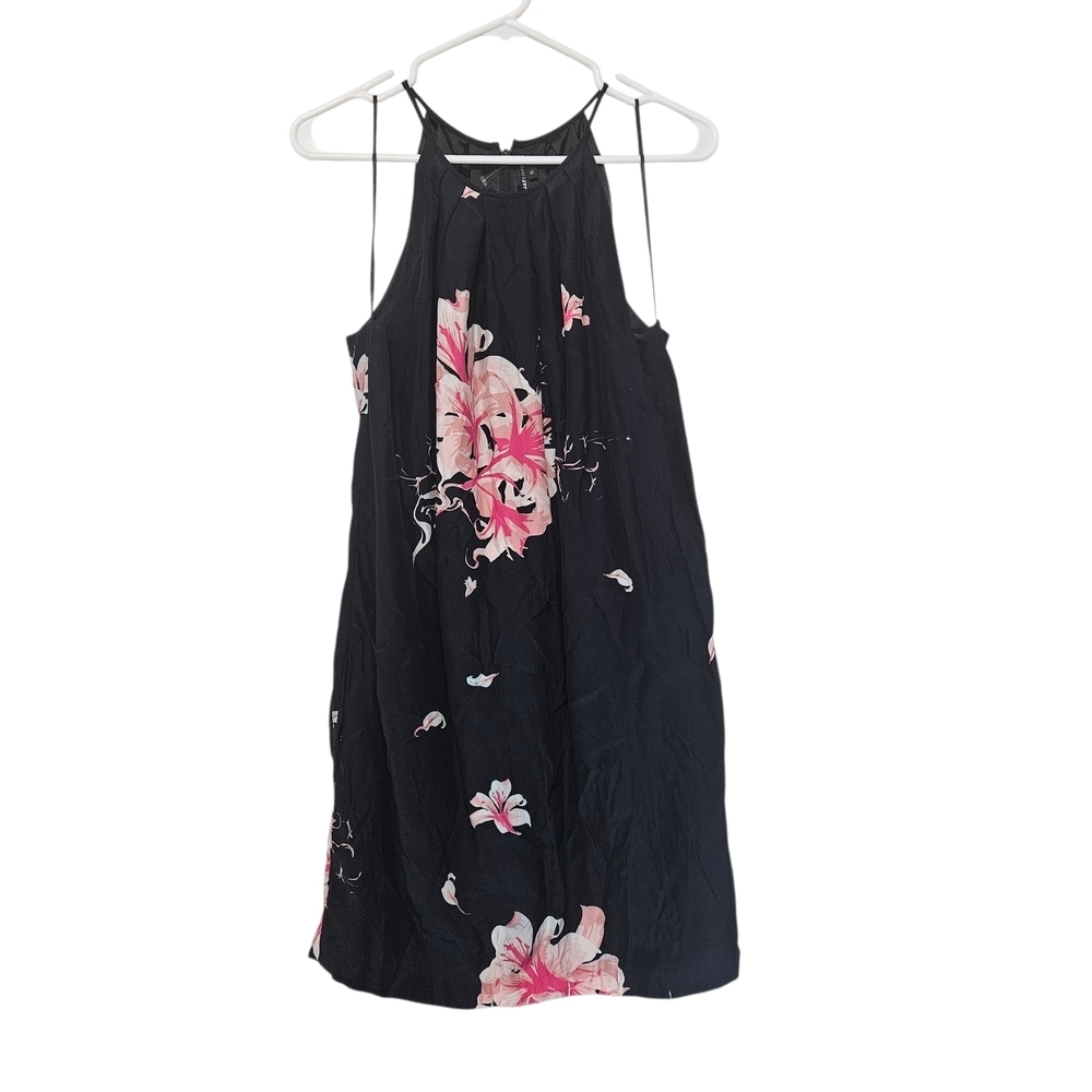 JAYGODFREY Silk Black Halter Mini Dress with Pink Floral Motif Size 10 Pockets